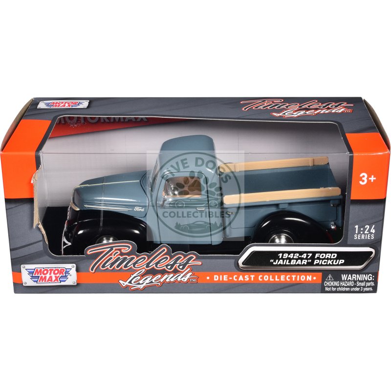 1942 47 ford "jailbar" pickup truck blue and black "timeless legends" series 1/24 diecast model car by motormax