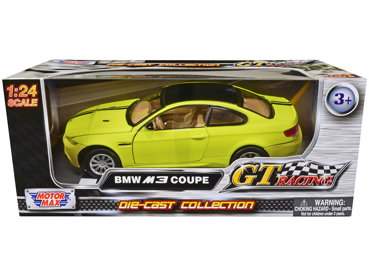 bmw m3 coupe neon yellow with matt black top and stripes "gt racing" series 1/24 diecast model car by motormax bmw m3 coupe neon yellow with matt black top and stripes "gt racing" series 1/24 diecast model car by motormax