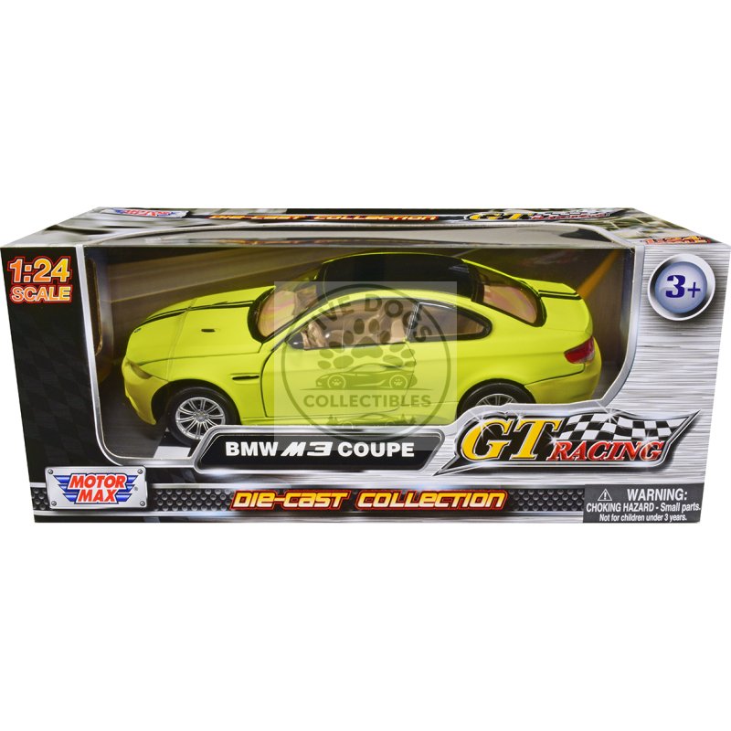 bmw m3 coupe neon yellow with matt black top and stripes "gt racing" series 1/24 diecast model car by motormax