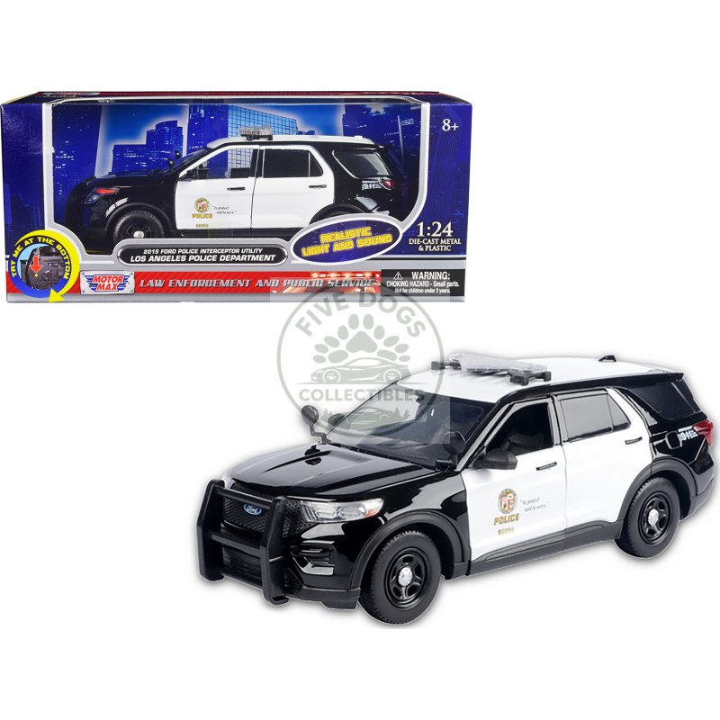 2015 ford police interceptor utility black and white "los angeles police department (lapd)" with flashing light bar and front and rear lights and sounds 1/24 diecast model car by motormax