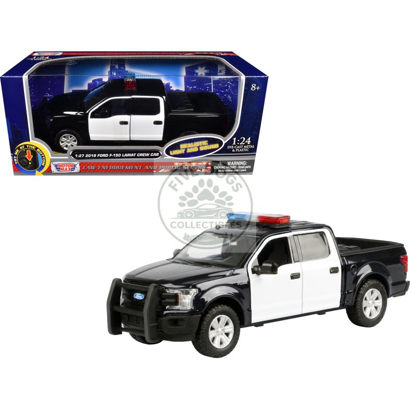 2019 ford f 150 lariat crew cab pickup truck black and white with flashing light bar and front and rear lights and sounds 1/27 diecast model car by motormax