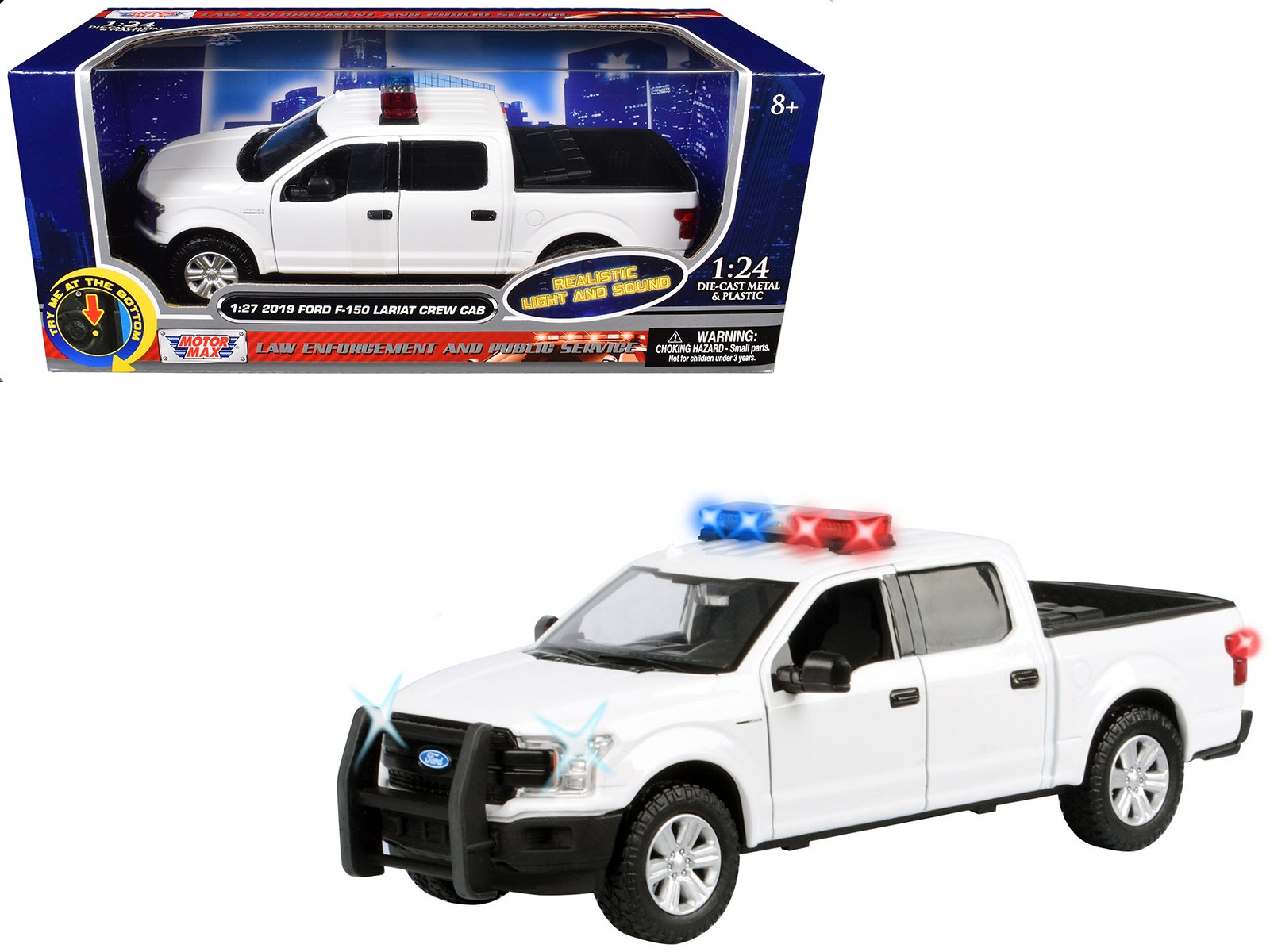 2019 ford f 150 lariat crew cab pickup truck white with flashing light bar and front and rear lights and sounds 1/27 diecast model car by motormax 2019 ford f 150 lariat crew cab pickup truck white with flashing light bar and front and rear lights and sounds 1/27 diecast model car by motormax