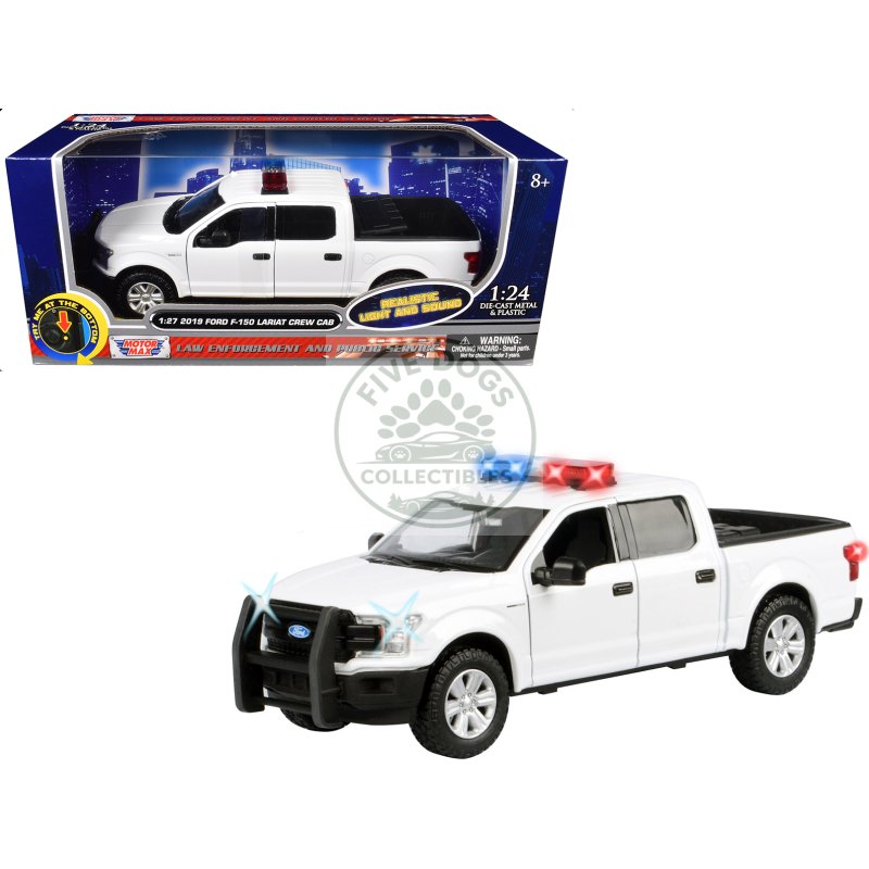 2019 ford f 150 lariat crew cab pickup truck white with flashing light bar and front and rear lights and sounds 1/27 diecast model car by motormax