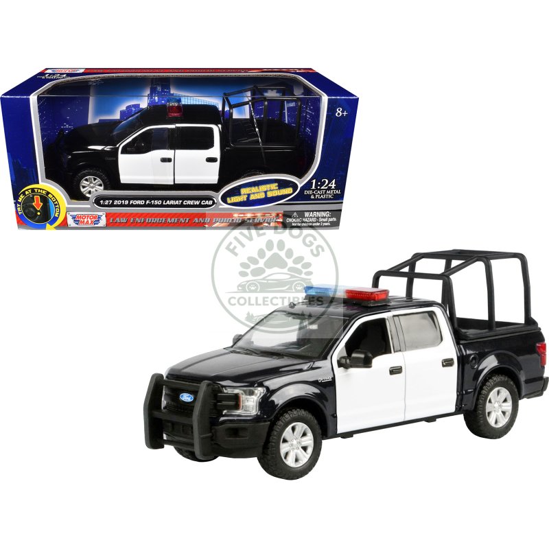 2019 ford f 150 lariat crew cab pickup truck with bed cage black and white with flashing light bar and front and rear lights and sounds 1/27 diecast model car by motormax