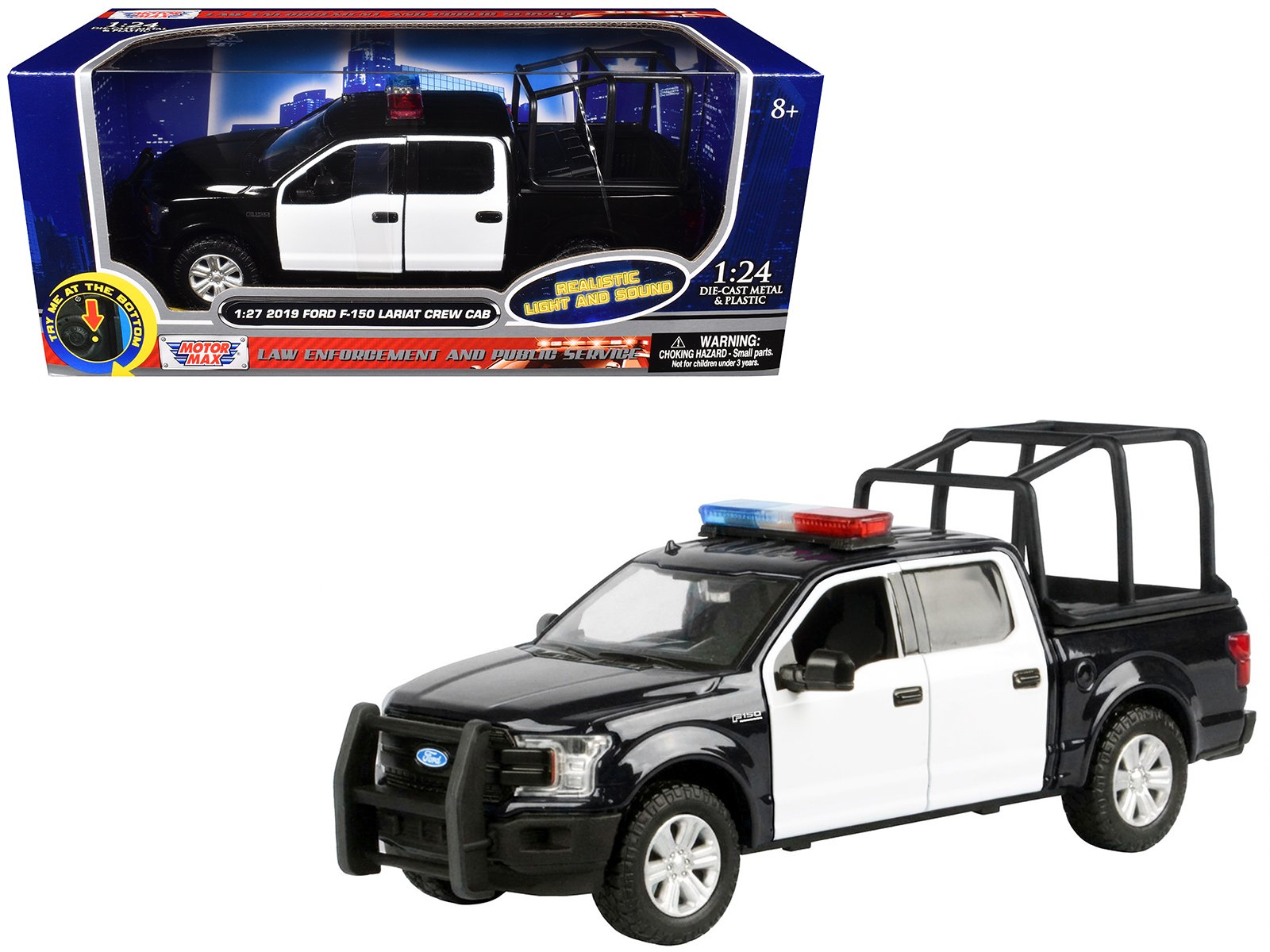 2019 ford f 150 lariat crew cab pickup truck with bed cage black and white with flashing light bar and front and rear lights and sounds 1/27 diecast model car by motormax 2019 ford f 150 lariat crew cab pickup truck with bed cage black and white with flashing light bar and front and rear lights and sounds 1/27 diecast model car by motormax