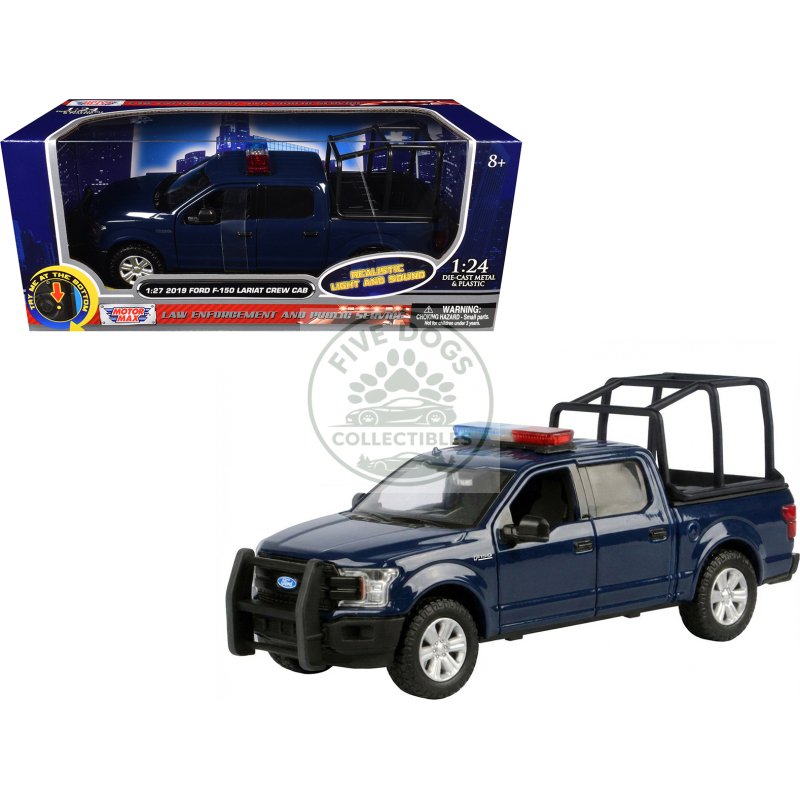 2019 ford f 150 lariat crew cab pickup truck with bed cage dark blue with flashing light bar and front and rear lights and sounds 1/27 diecast model car by motormax