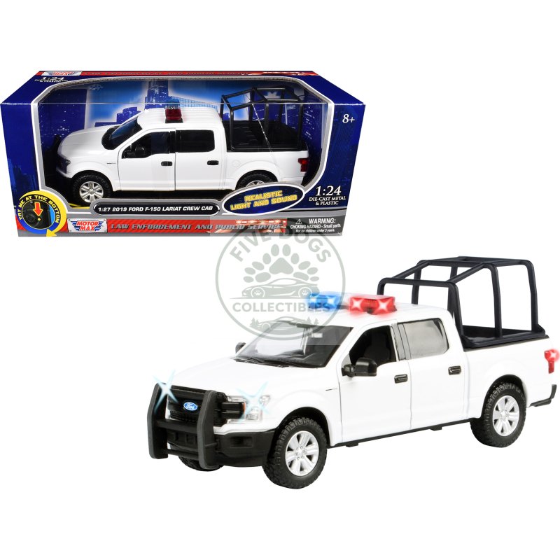 2019 ford f 150 lariat crew cab pickup truck with bed cage white with flashing light bar and front and rear lights and sounds 1/27 diecast model car by motormax