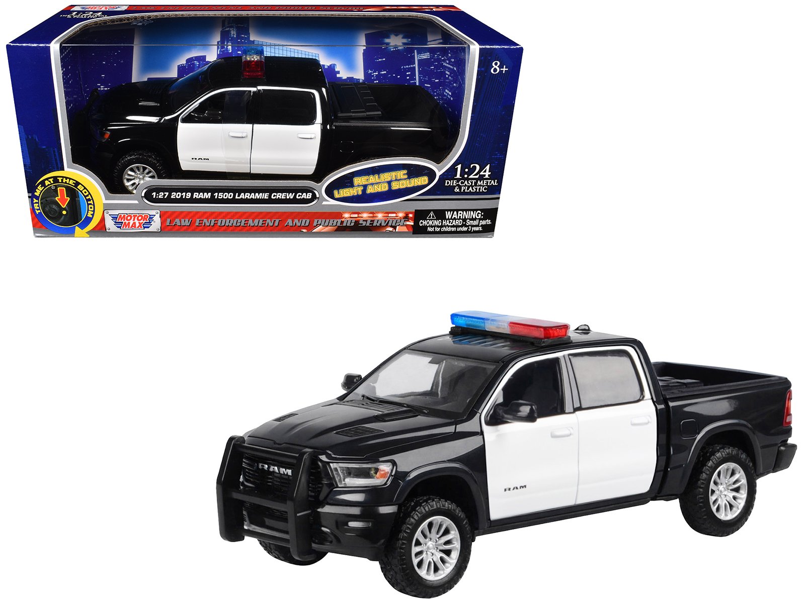 2019 ram 1500 laramie crew cab pickup truck black and white with flashing light bar and front and rear lights and sounds 1/27 diecast model car by motormax 2019 ram 1500 laramie crew cab pickup truck black and white with flashing light bar and front and rear lights and sounds 1/27 diecast model car by motormax