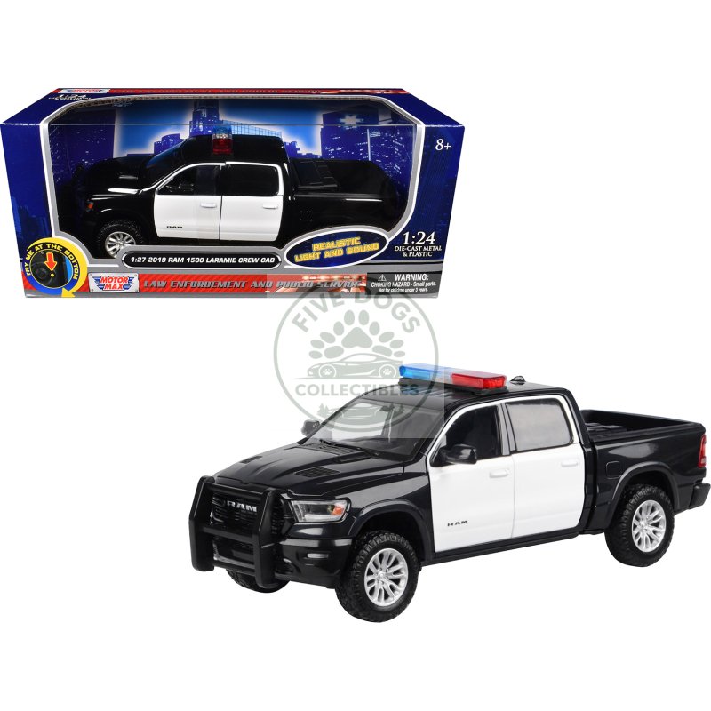 2019 ram 1500 laramie crew cab pickup truck black and white with flashing light bar and front and rear lights and sounds 1/27 diecast model car by motormax