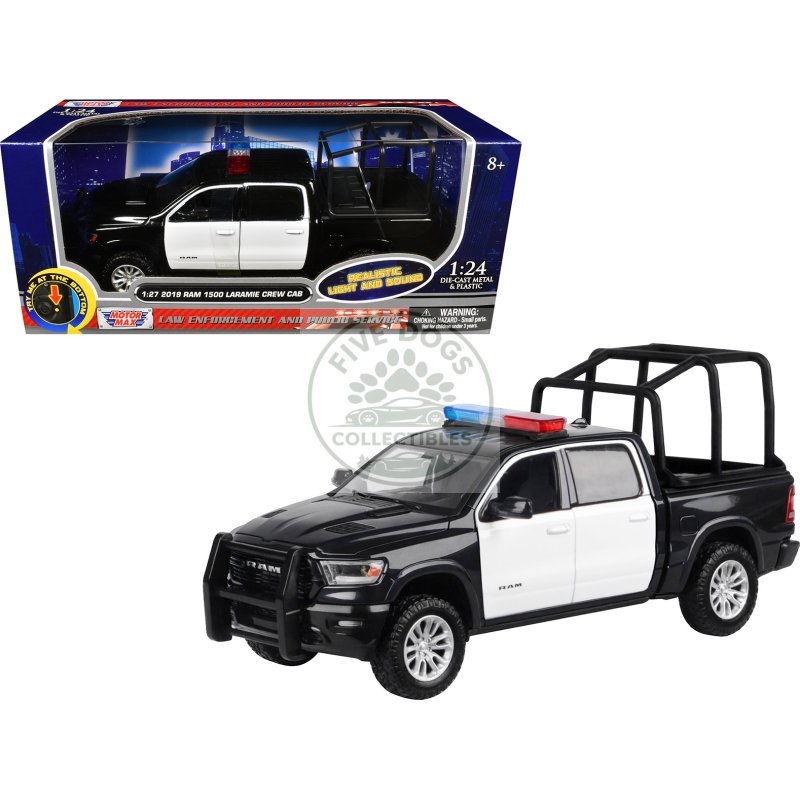 2019 ram 1500 laramie crew cab pickup truck with bed cage black and white with flashing light bar and front and rear lights and sounds 1/27 diecast model car by motormax