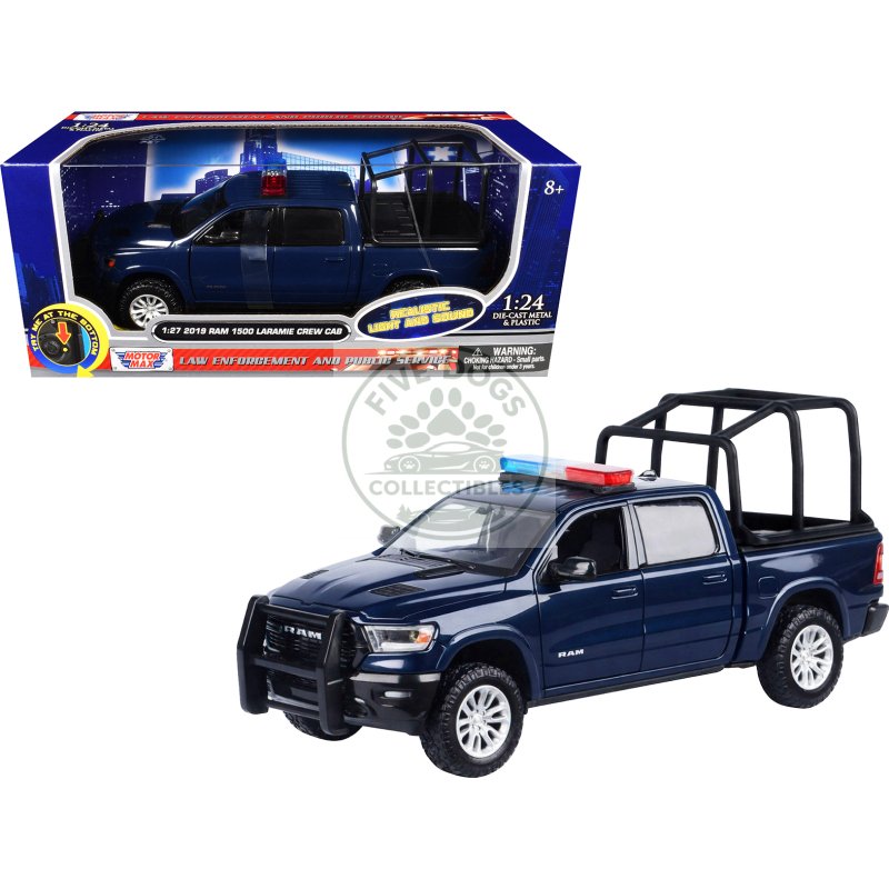2019 ram 1500 laramie crew cab pickup truck with bed cage dark blue with flashing light bar and front and rear lights and sounds 1/27 diecast model car by motormax
