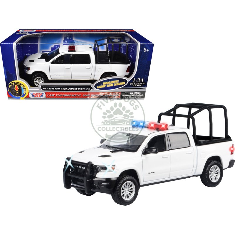 2019 ram 1500 laramie crew cab pickup truck with bed cage white with flashing light bar and front and rear lights and sounds 1/27 diecast model car by motormax