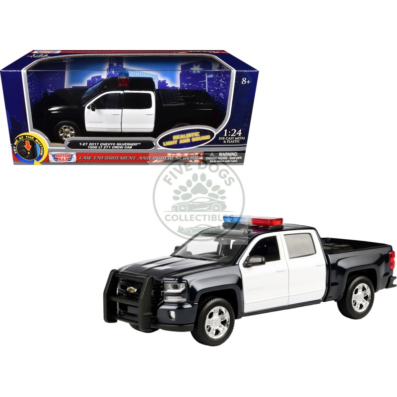 2017 chevrolet silverado 1500 lt z71 crew cab pickup truck black and white with flashing light bar and front and rear lights and sounds 1/27 diecast model car by motormax