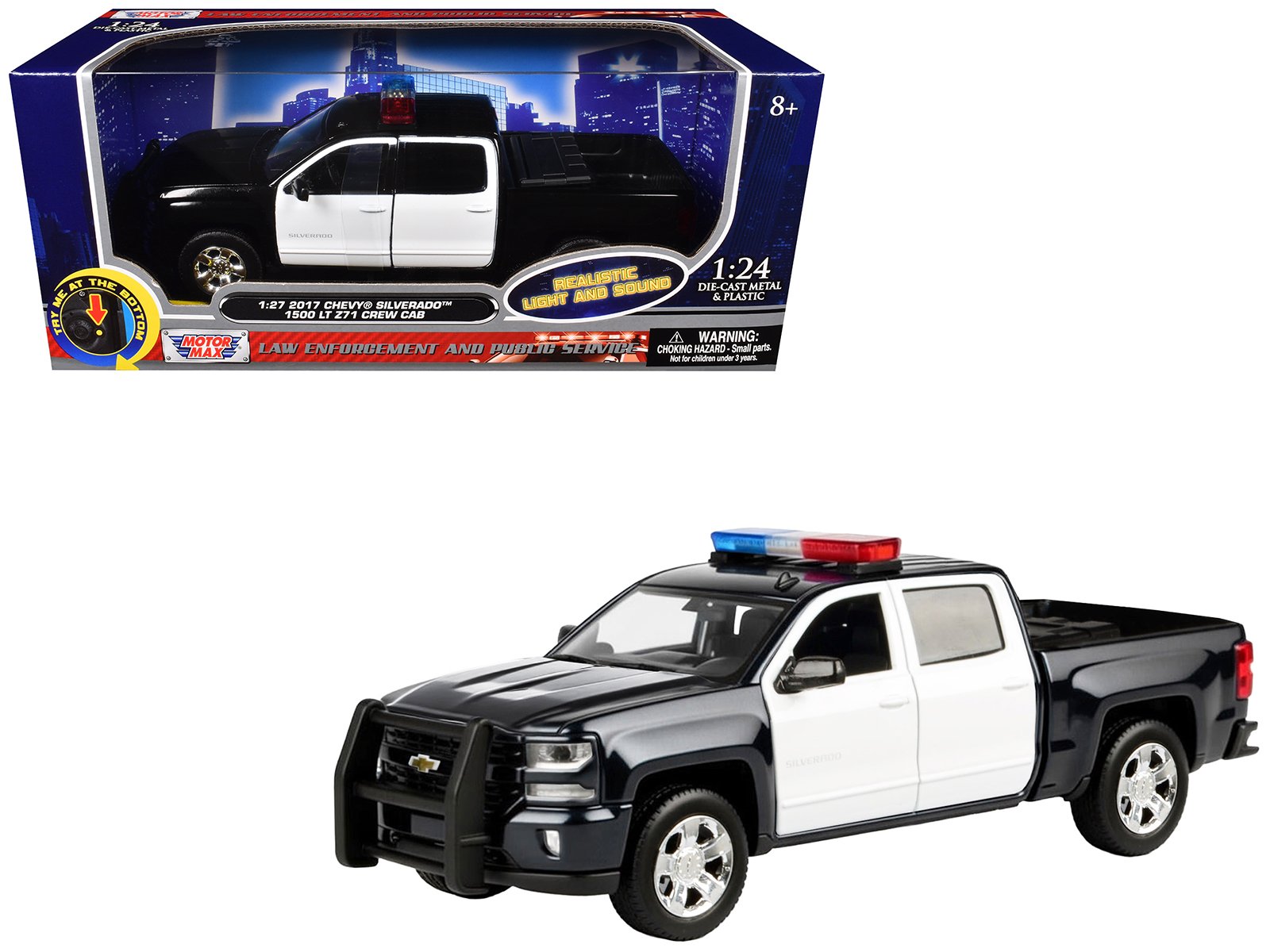 2017 chevrolet silverado 1500 lt z71 crew cab pickup truck black and white with flashing light bar and front and rear lights and sounds 1/27 diecast model car by motormax 2017 chevrolet silverado 1500 lt z71 crew cab pickup truck black and white with flashing light bar and front and rear lights and sounds 1/27 diecast model car by motormax