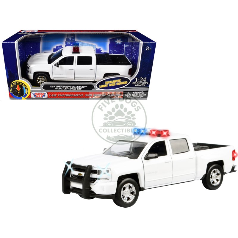 2017 chevrolet silverado 1500 lt z71 crew cab pickup truck white with flashing light bar and front and rear lights and sounds 1/27 diecast model car by motormax