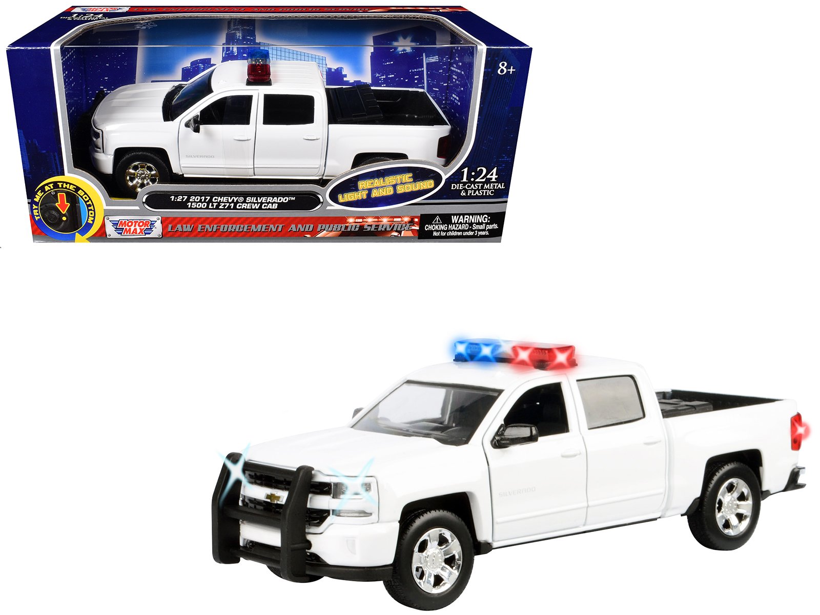 2017 chevrolet silverado 1500 lt z71 crew cab pickup truck white with flashing light bar and front and rear lights and sounds 1/27 diecast model car by motormax 2017 chevrolet silverado 1500 lt z71 crew cab pickup truck white with flashing light bar and front and rear lights and sounds 1/27 diecast model car by motormax