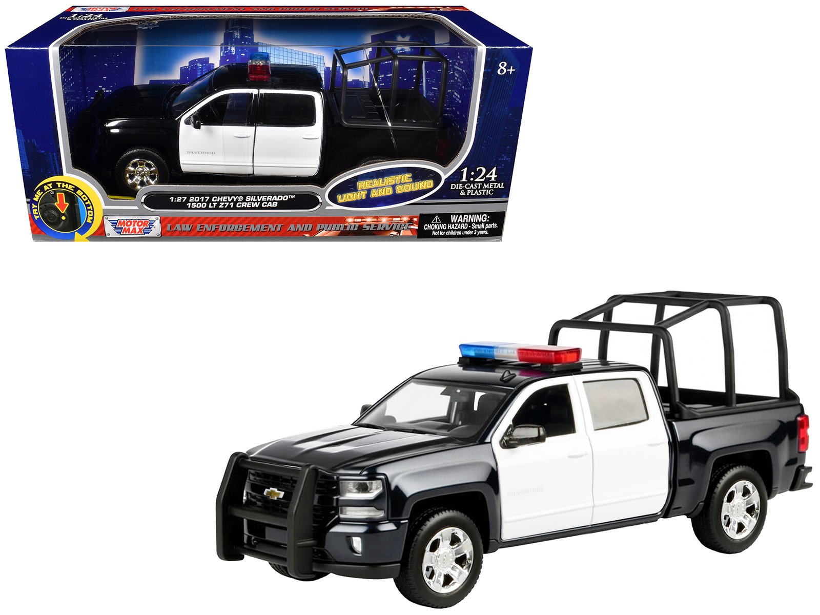 2017 chevrolet silverado 1500 lt z71 crew cab pickup truck with bed cage black and white with flashing light bar and front and rear lights and sounds 1/27 diecast model car by motormax 2017 chevrolet silverado 1500 lt z71 crew cab pickup truck with bed cage black and white with flashing light bar and front and rear lights and sounds 1/27 diecast model car by motormax