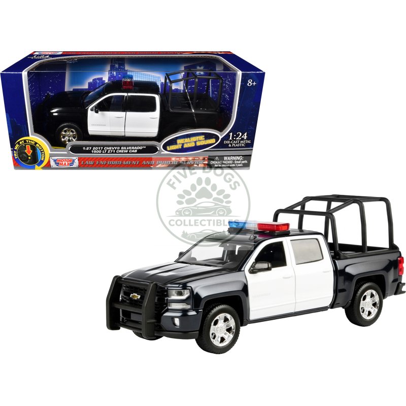 2017 chevrolet silverado 1500 lt z71 crew cab pickup truck with bed cage black and white with flashing light bar and front and rear lights and sounds 1/27 diecast model car by motormax