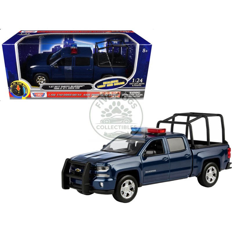 2017 chevrolet silverado 1500 lt z71 crew cab pickup truck with bed cage dark blue with flashing light bar and front and rear lights and sounds 1/27 diecast model car by motormax
