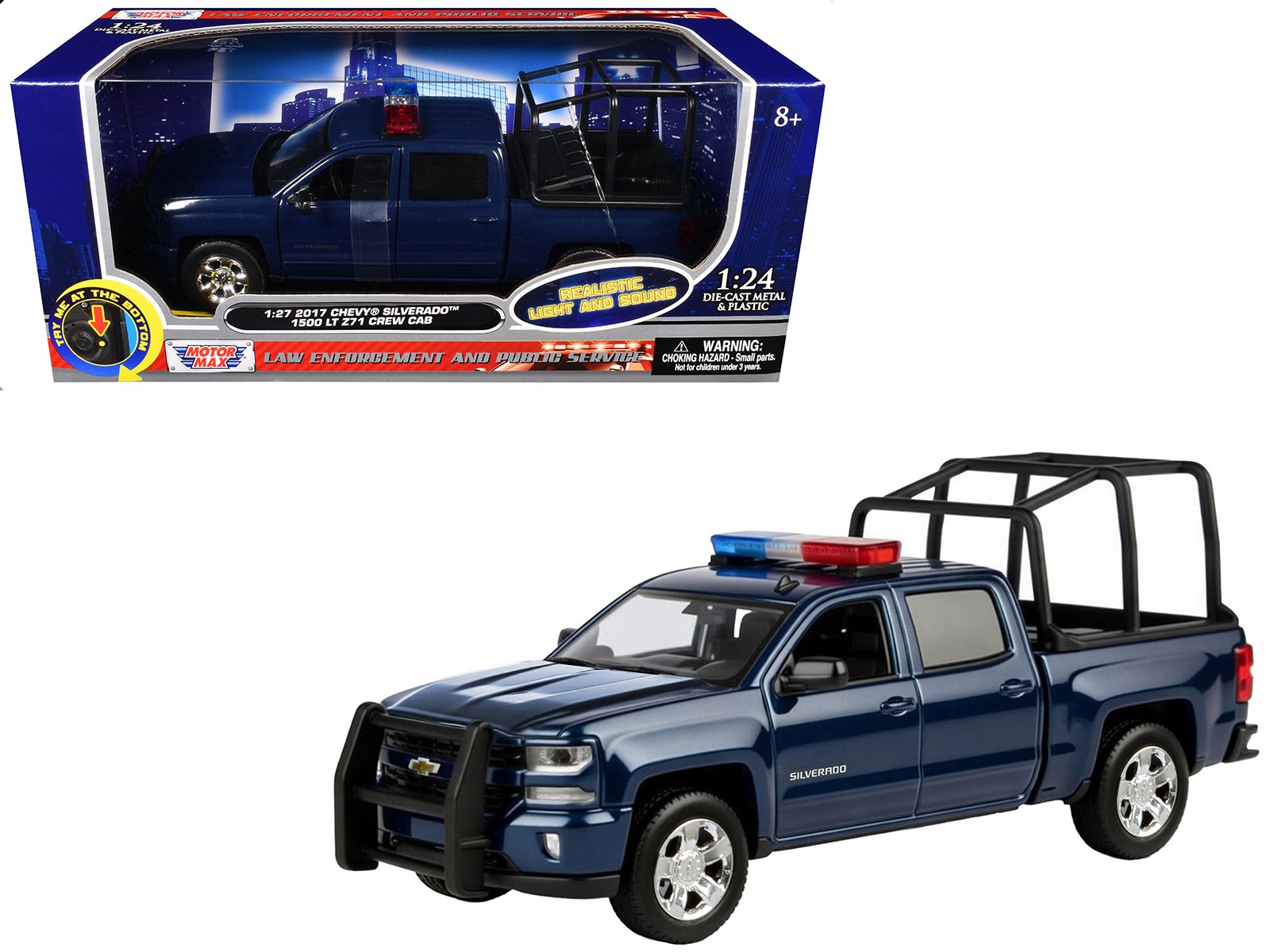 2017 chevrolet silverado 1500 lt z71 crew cab pickup truck with bed cage dark blue with flashing light bar and front and rear lights and sounds 1/27 diecast model car by motormax 2017 chevrolet silverado 1500 lt z71 crew cab pickup truck with bed cage dark blue with flashing light bar and front and rear lights and sounds 1/27 diecast model car by motormax