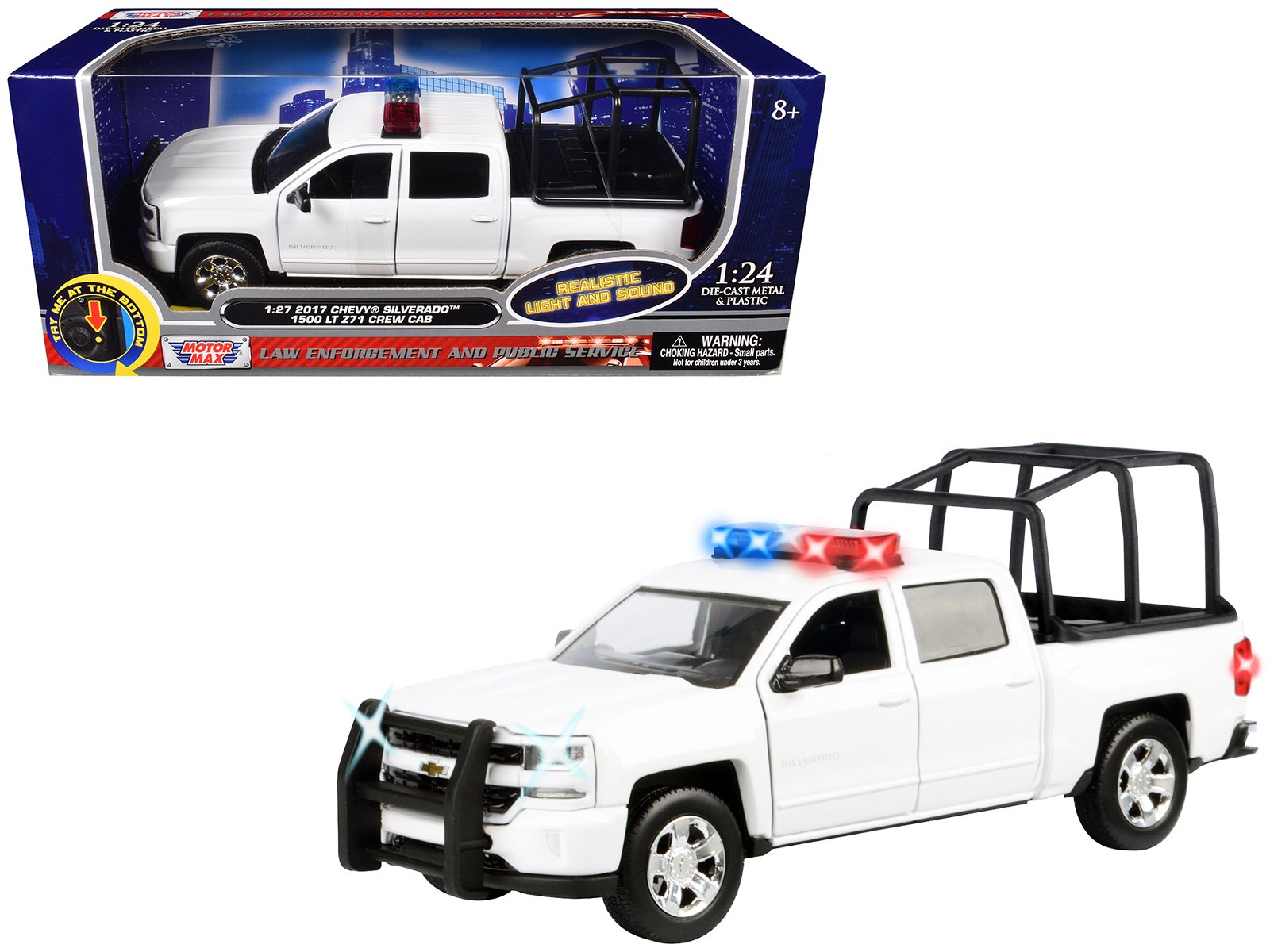 2017 chevrolet silverado 1500 lt z71 crew cab pickup truck with white with flashing light bar and front and rear lights and sounds 1/27 diecast model car by motormax 2017 chevrolet silverado 1500 lt z71 crew cab pickup truck with white with flashing light bar and front and rear lights and sounds 1/27 diecast model car by motormax