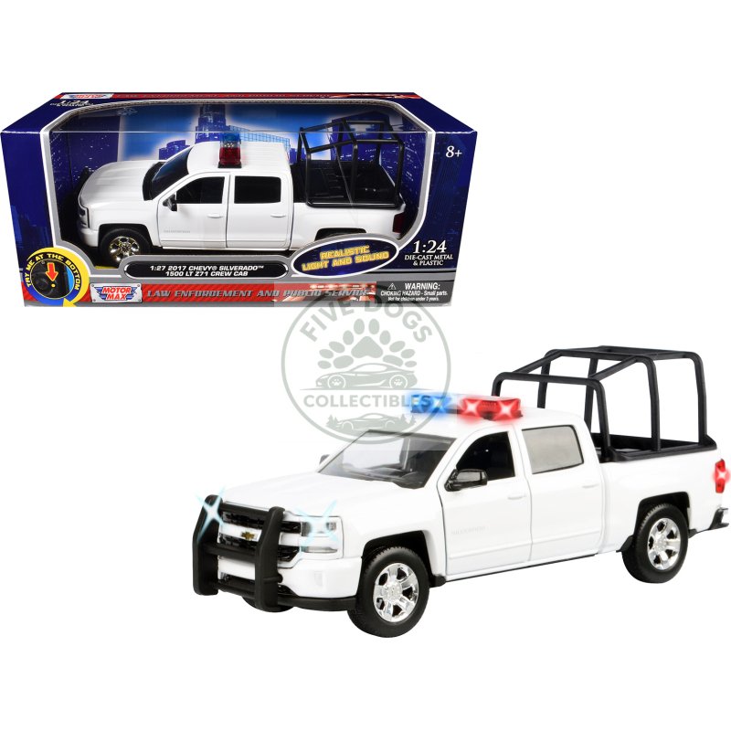 2017 chevrolet silverado 1500 lt z71 crew cab pickup truck with white with flashing light bar and front and rear lights and sounds 1/27 diecast model car by motormax