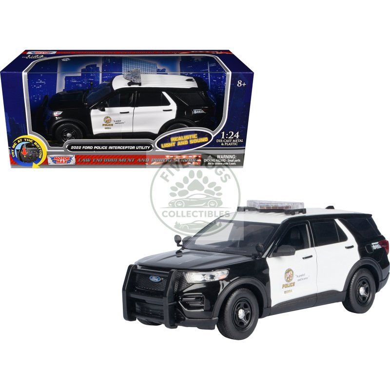 2022 ford police interceptor utility black and white "los angeles police department (lapd)" with flashing light bar and front and rear lights and sounds 1/24 diecast model car by motormax