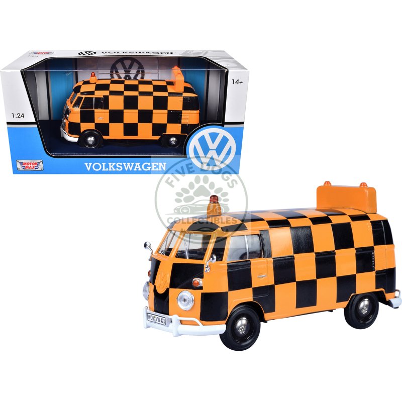 volkswagen type 2 (t1) airport runway delivery van black and orange checkered 1/24 diecast model car by motormax