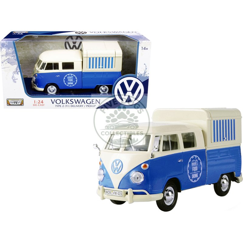 volkswagen type 2 (t1) pickup food truck cream and blue 1/24 diecast model car by motormax