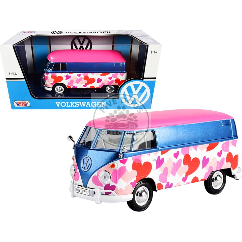 volkswagen type 2 (t1) delivery van "love" pink and blue metallic 1/24 diecast model car by motormax