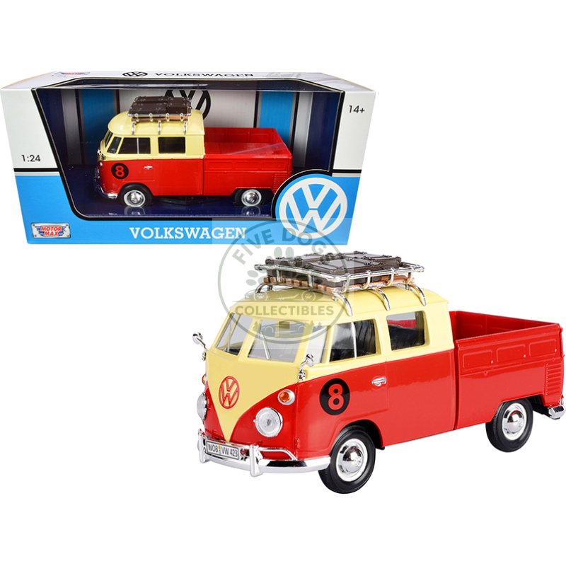 volkswagen type 2 (t1) #8 pickup truck with roof rack and luggage red and yellow 1/24 diecast model car by motormax