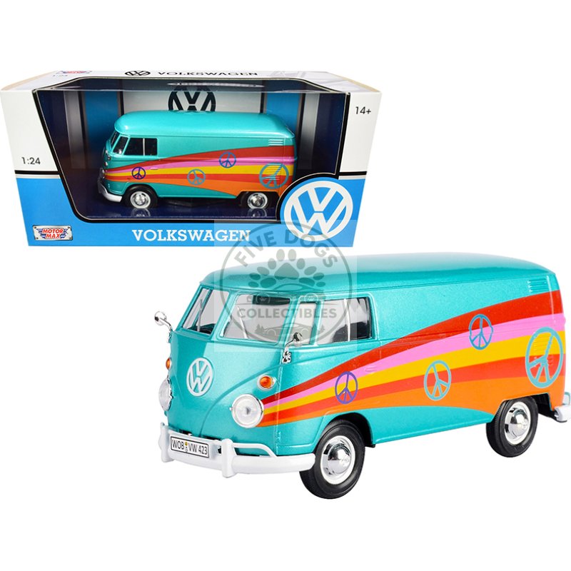 volkswagen type 2 (t1) delivery van "peace" turquoise metallic 1/24 diecast model car by motormax