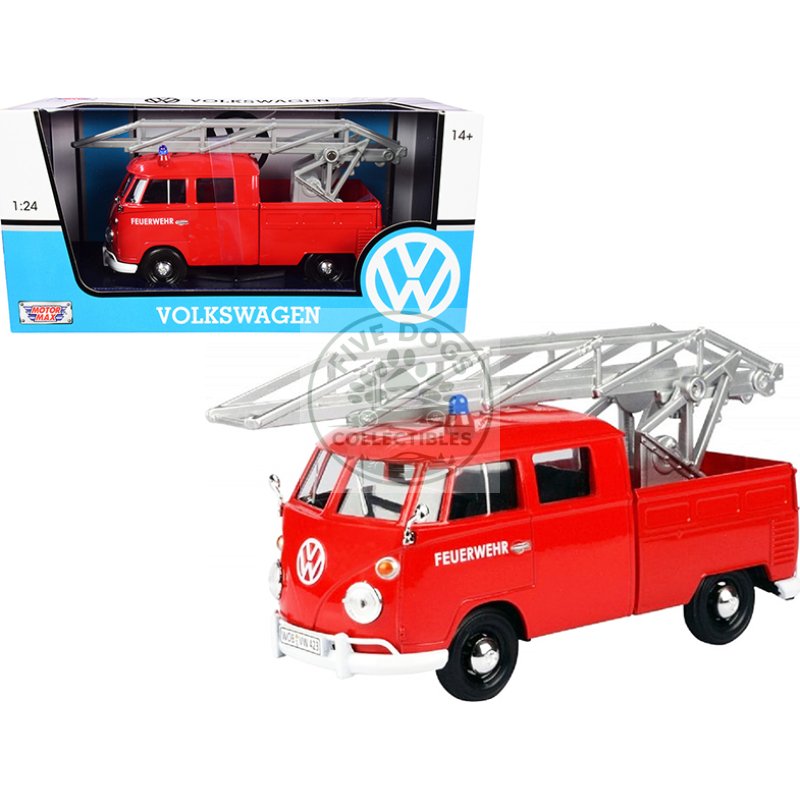 volkswagen type 2 (t1) fire truck with aerial ladder "feuerwehr" red 1/24 diecast model car by motormax