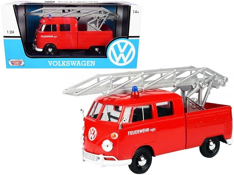 Volkswagen Fire Truck Collectible Toy Volkswagen fire truck toy with ladder, red color, detailed miniature model for collectors.