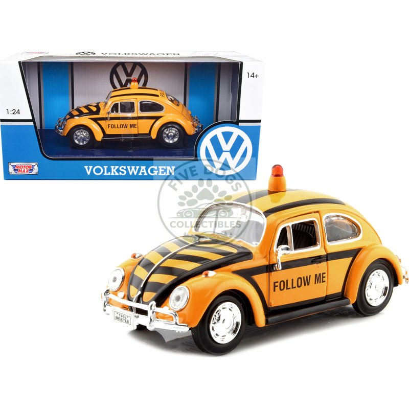 1966 volkswagen beetle "follow me" airport safety vehicle yellow with black stripes 1/24 diecast model car by motormax