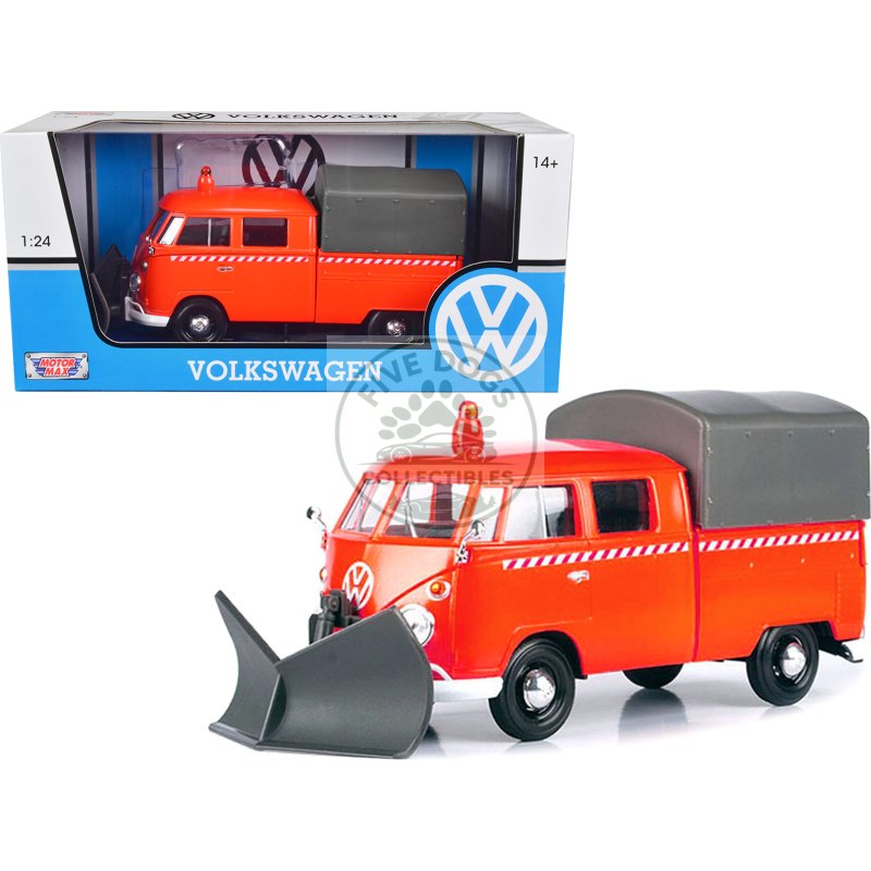 volkswagen type 2 (t1) pickup truck orange with snow plow and camper shell 1/24 diecast model car by motormax