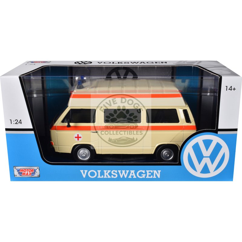 volkswagen type 2 (t3) high roof ambulance cream with orange stripes 1/24 diecast model car by motormax