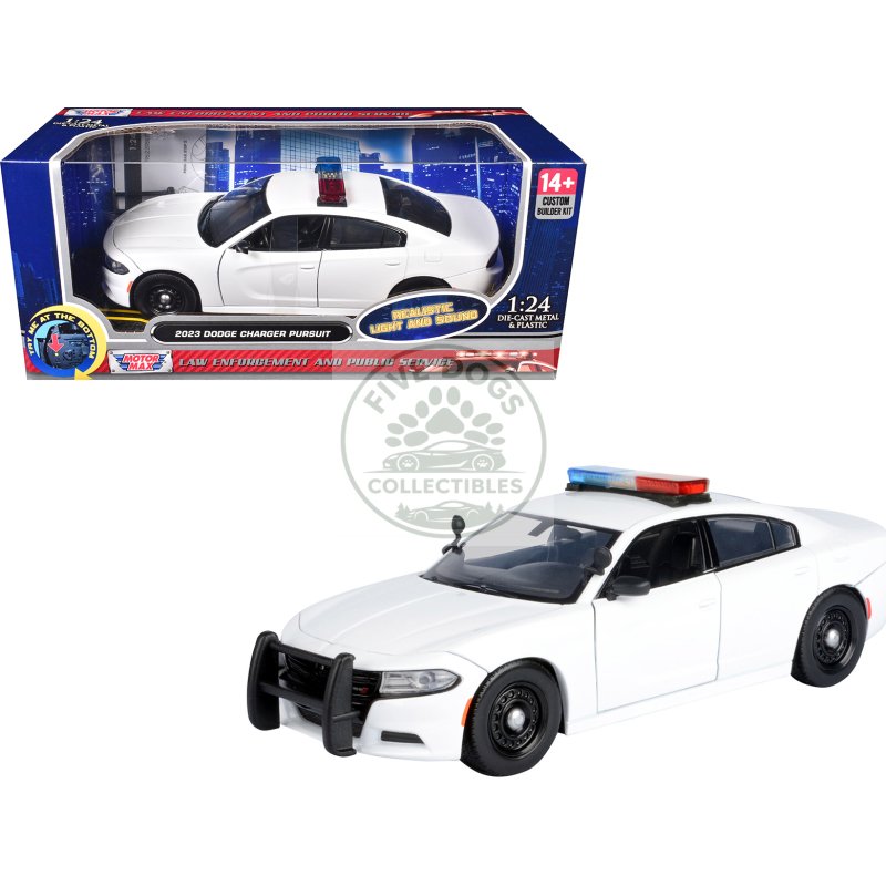 2023 dodge charger pursuit police car unmarked white with flashing light bar front and rear lights and 2 sounds "builder's kit" 1/24 diecast model car by motormax