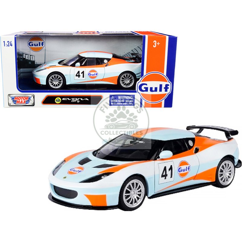 lotus evora gt4 #41 "gulf oil" light blue with white and orange stripes 1/24 diecast model car by motormax