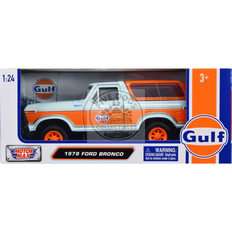 1978 ford bronco light blue and orange "gulf oil" "gulf die cast collection" 1/24 diecast model car by motormax