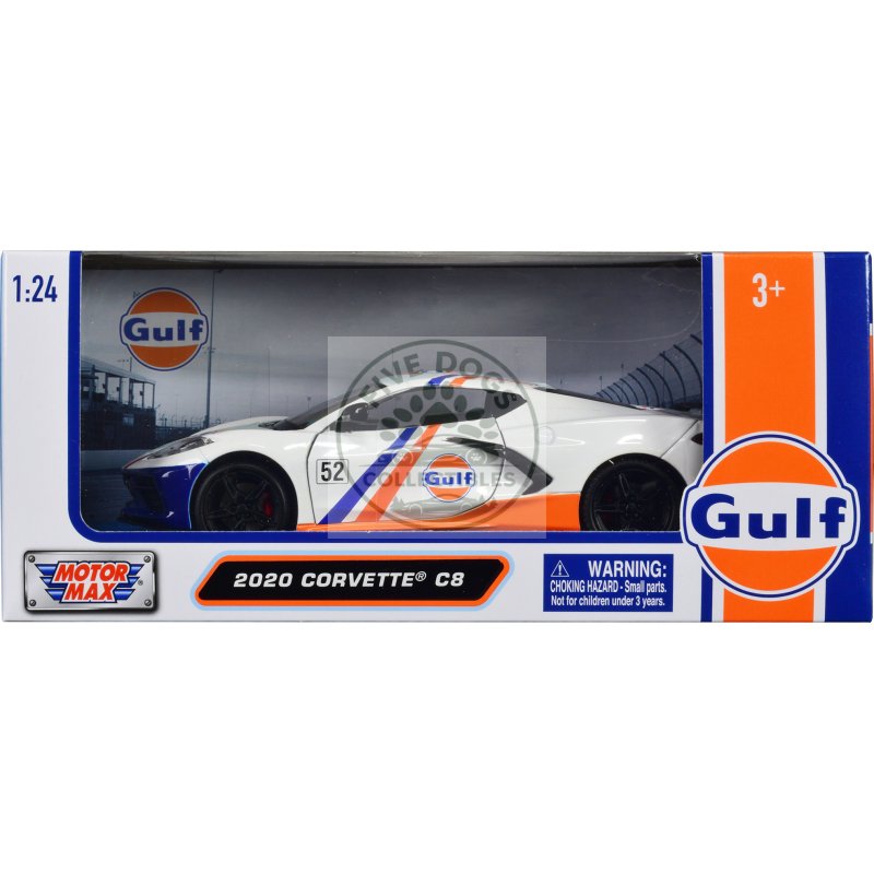 2020 chevrolet corvette c8 #52 white and light blue with stripes "gulf oil" "gulf die cast collection" 1/24 diecast model car by motormax
