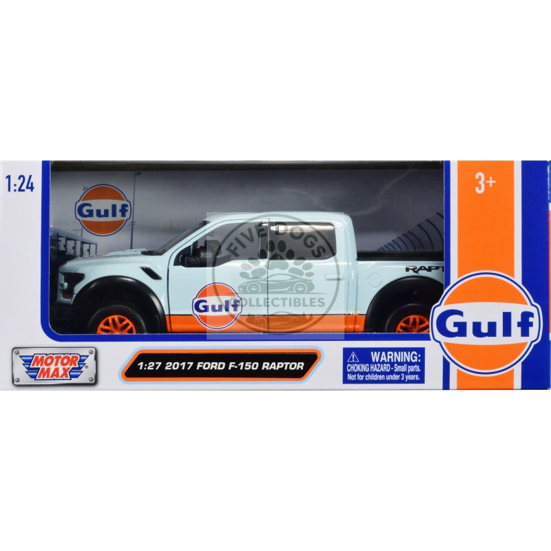 2017 ford f 150 raptor pickup truck light blue with orange stripes "gulf oil" "gulf die cast collection" 1/27 diecast model car by motormax