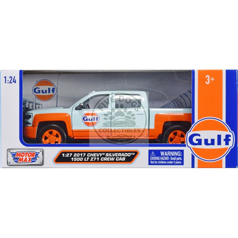 2017 chevrolet silverado 1500 lt z71 crew cab pickup truck light blue with orange stripes "gulf oil" "gulf die cast collection" 1/27 diecast model car by motormax