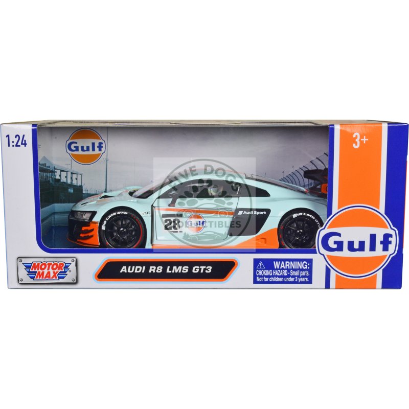 audi r8 lms gt3 #28 light blue with orange stripes "gulf oil" "gulf die cast collection" 1/24 diecast model car by motormax