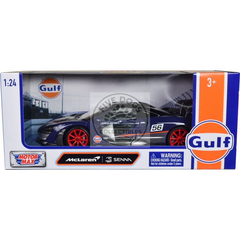 mclaren senna #56 dark blue and silver with orange stripes "gulf oil" "gulf die cast collection" 1/24 diecast model car by motormax