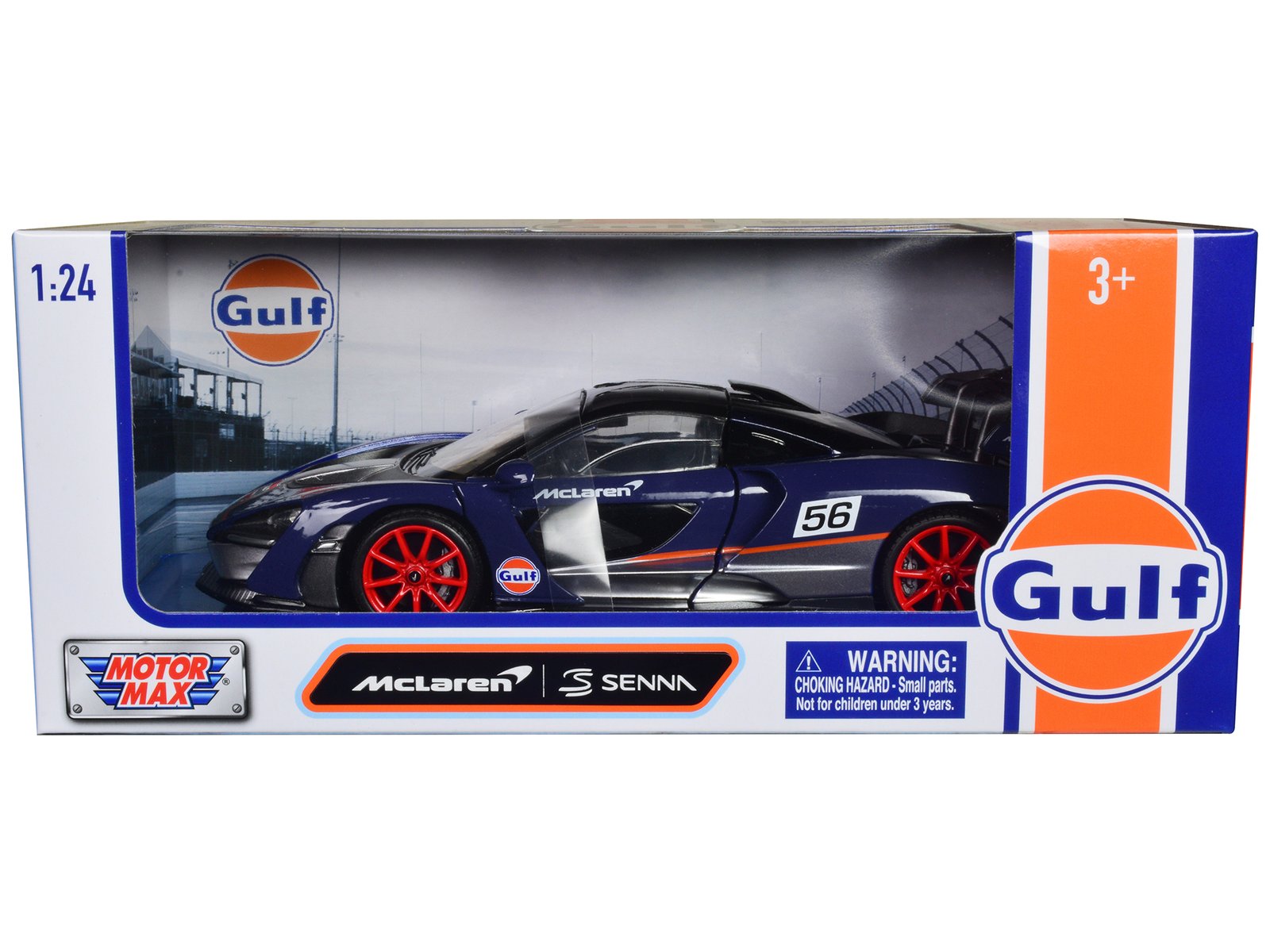 mclaren senna #56 dark blue and silver with orange stripes "gulf oil" "gulf die cast collection" 1/24 diecast model car by motormax mclaren senna #56 dark blue and silver with orange stripes "gulf oil" "gulf die cast collection" 1/24 diecast model car by motormax