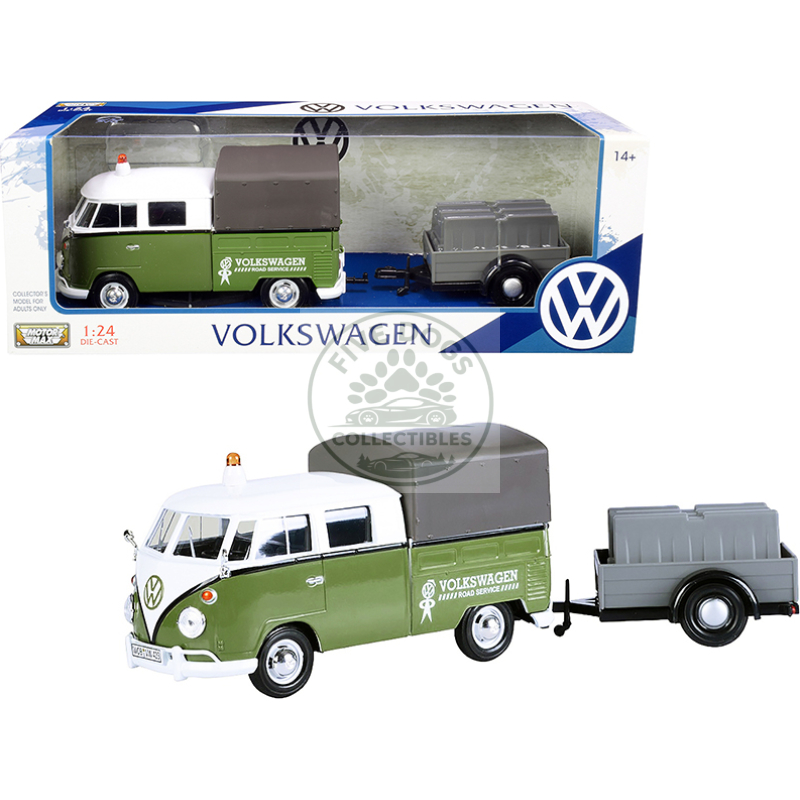 volkswagen t1 pickup with canopy green and white with trailer "road service" 1/24 diecast model car by motormax