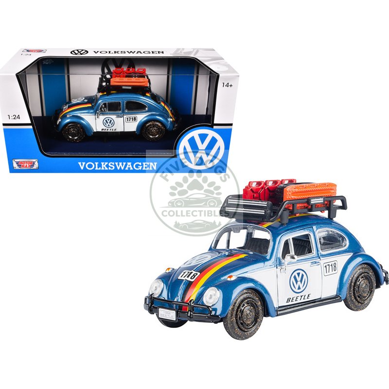 1966 volkswagen beetle off road #1718 blue metallic and white with german flag stripes and roof rack accessories 1/24 diecast model car by motormax