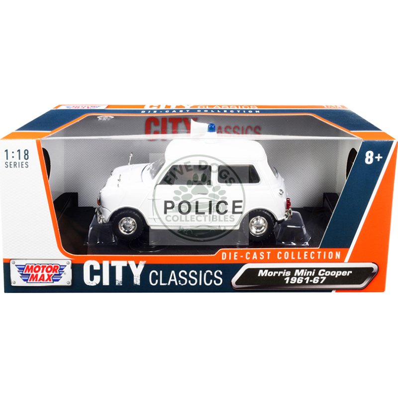 1961 1967 morris mini cooper rhd (right hand drive) "police" white "city classics" series 1/18 diecast model car by motormax