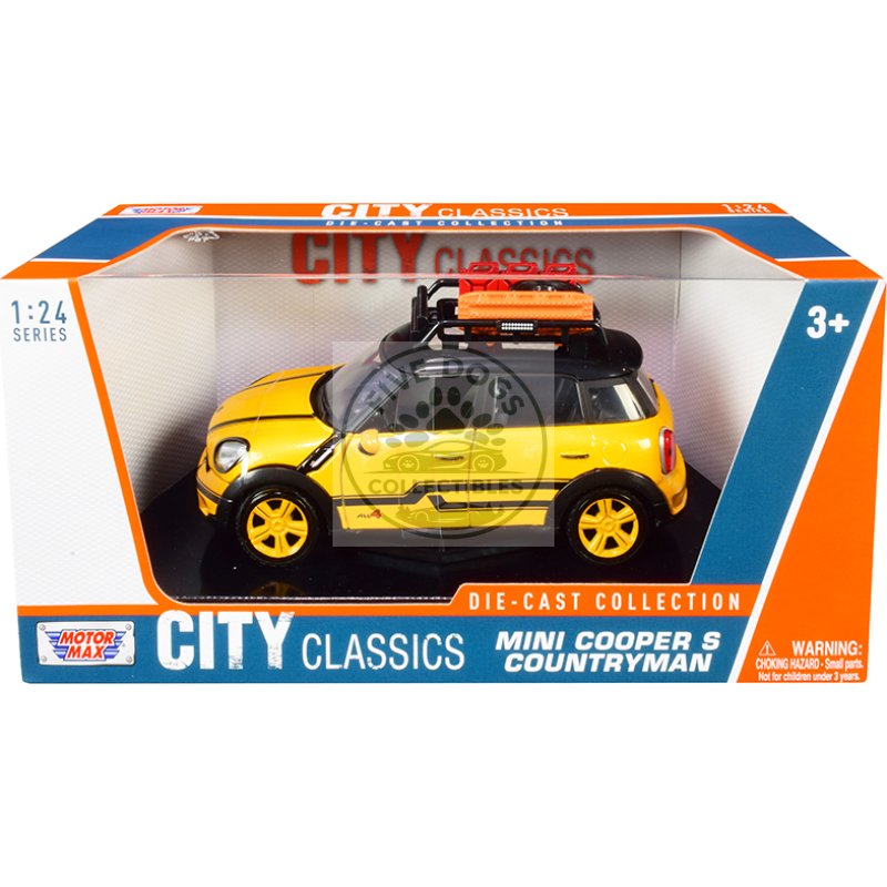 mini cooper s countryman with roof rack and accessories yellow metallic and black "city classics" series 1/24 diecast model car by motormax